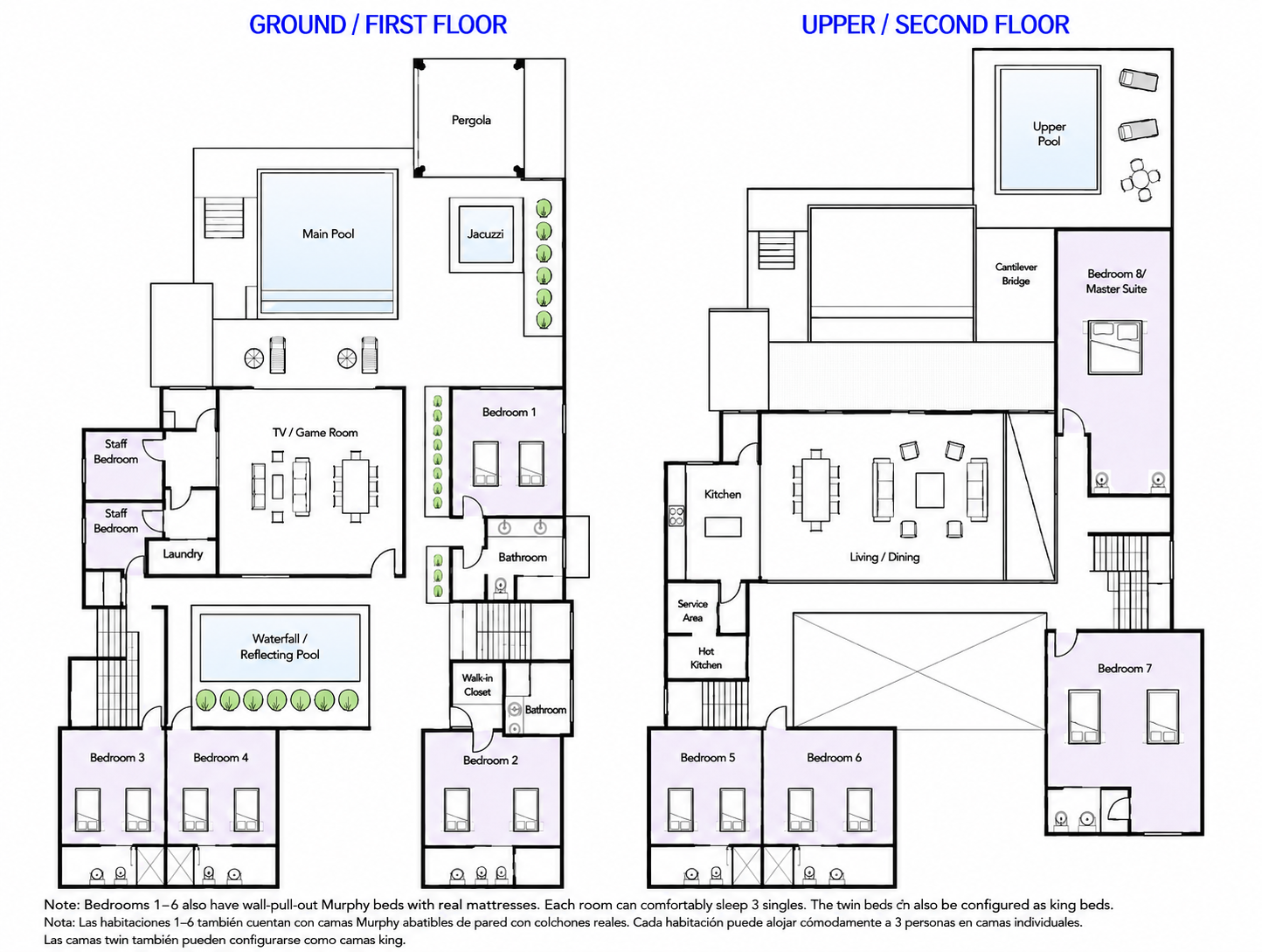 Villa Espada complete floor plan — ground floor with main pool, hot tub, TV/game room and Bedrooms 1–4; upper floor with rooftop infinity pool, open-air living/dining, kitchen, cantilever bridge and Bedrooms 5–8, Cap Cana